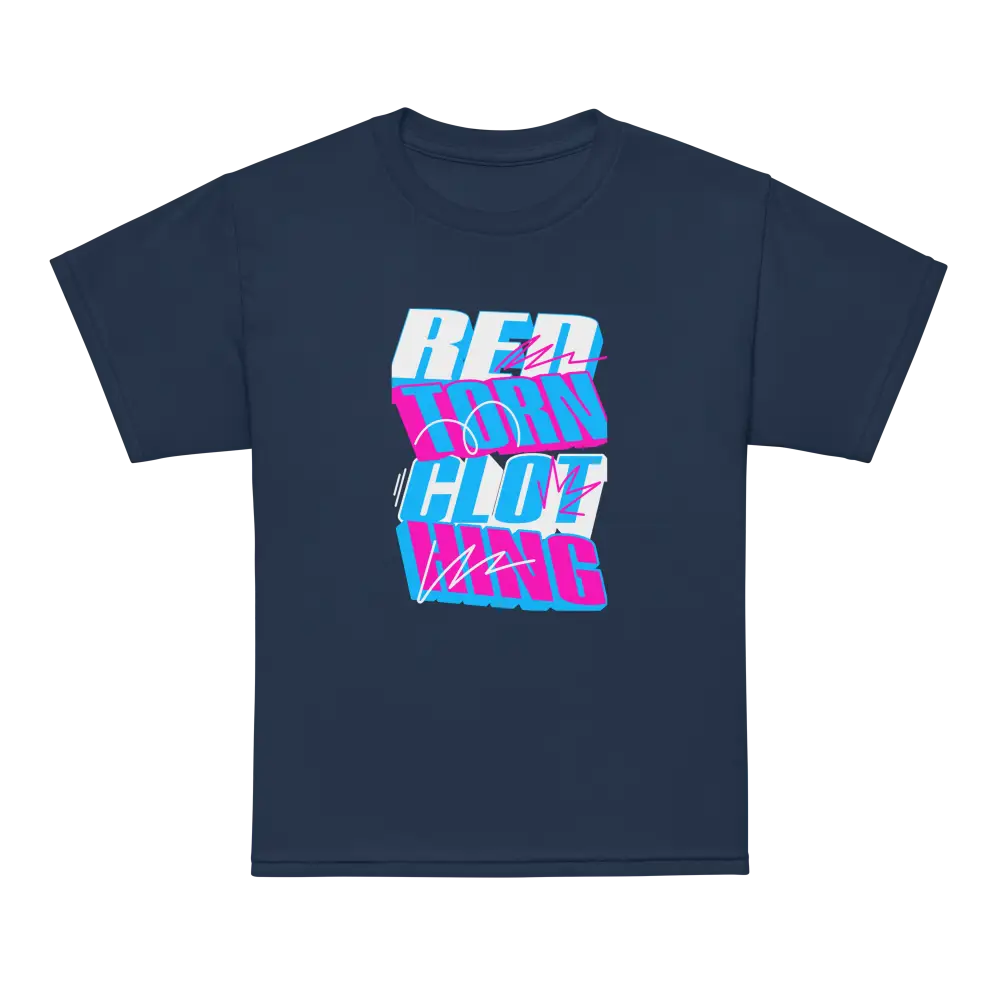 Navy blue kids cotton t-shirt with glitch logo in neon pink and purple