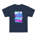 Navy blue kids cotton t-shirt with glitch logo in neon pink and purple