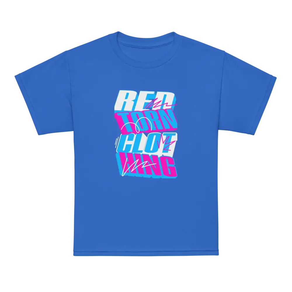 Royal Blue Glitch Logo Kids Cotton T-Shirt with Neon Red Lion Graphic