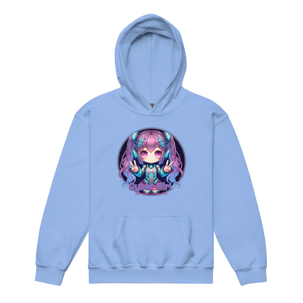 Pastel Cyber Girl anime hoodie in baby blue with character design for kids clothing