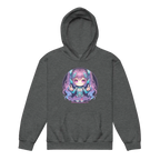 Anime hoodie with pastel cyber girl design, blue eyes, for kids clothing