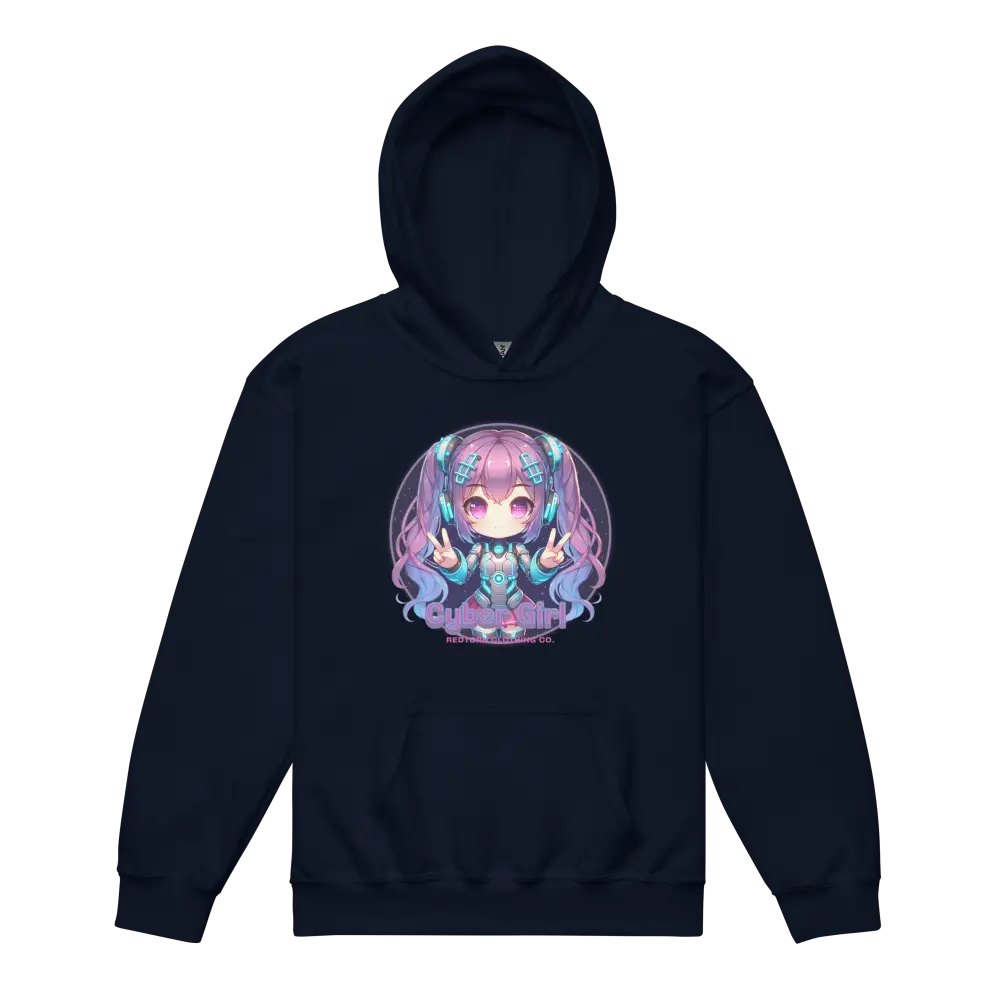 Navy blue anime hoodie with cyber girl design for kids clothing