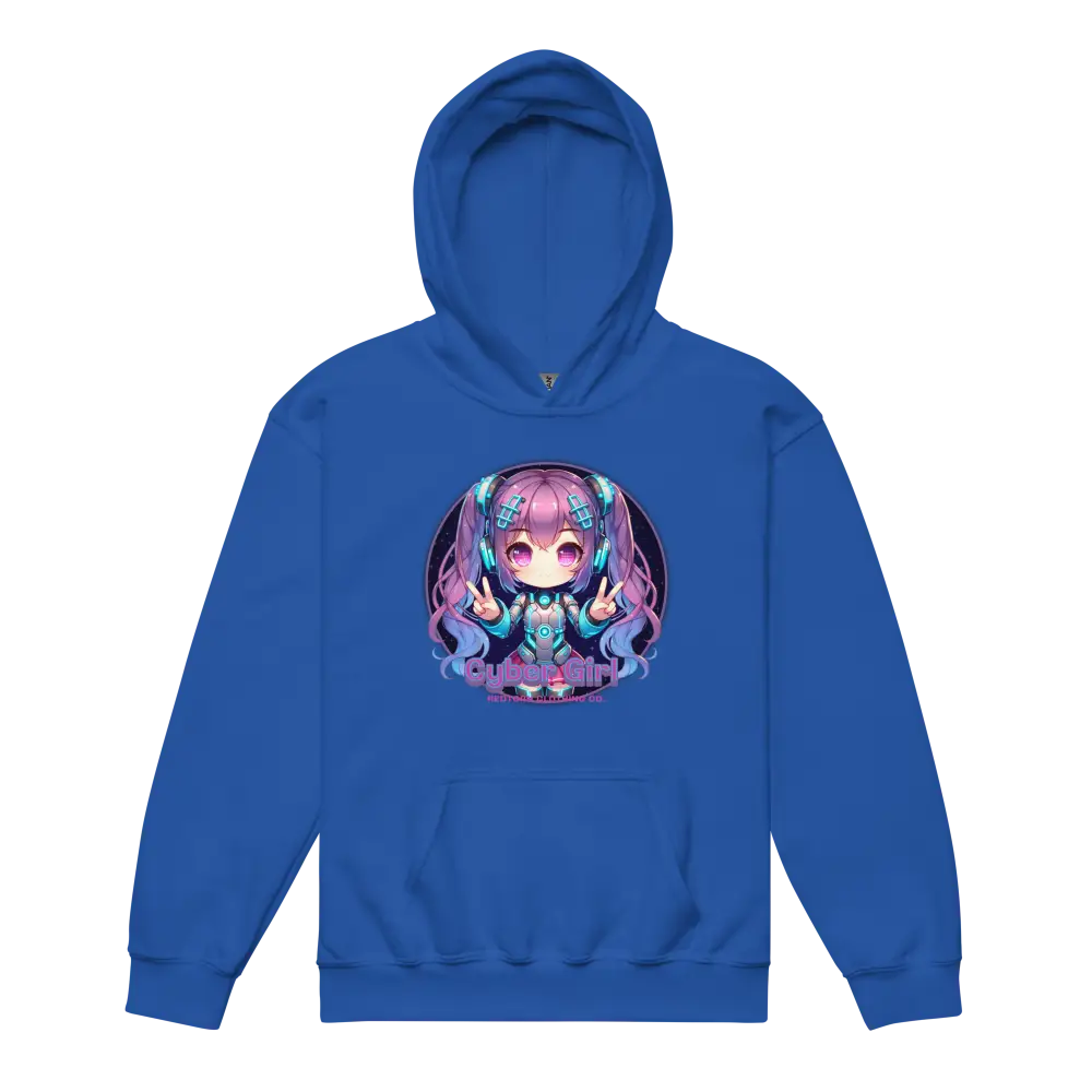 Royal blue anime hoodie with cyber girl design for kids clothing
