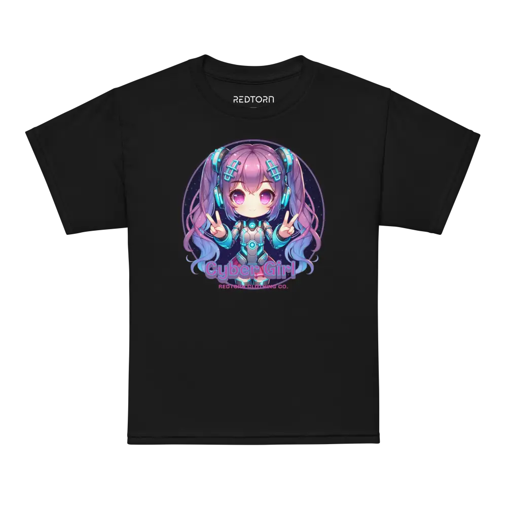 Cyber Girl Anime Graphic Tee with chibi design, purple hair, teal eyes