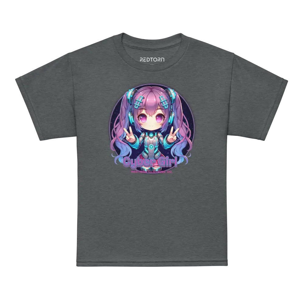 Cyber Girl Anime Kids Graphic Tee: Charcoal Gray T-Shirt with Chibi Design