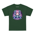Cyber Girl Anime Kids Graphic Tee with green shirt and blue-purple hair character