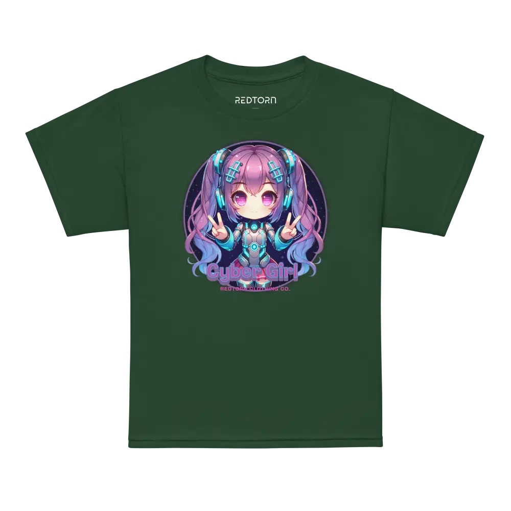 Cyber Girl Anime Graphic Tee: Green kids clothing with blue-purple hair anime design