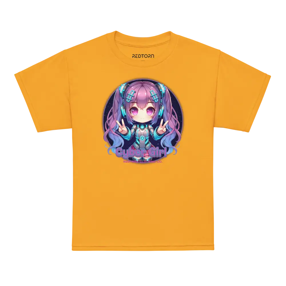 Cyber Girl Anime Kids Graphic Tee: chibi girl with purple hair and blue eyes