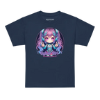 Cyber girl anime graphic tee for kids: navy blue t-shirt with chibi pastel hair design