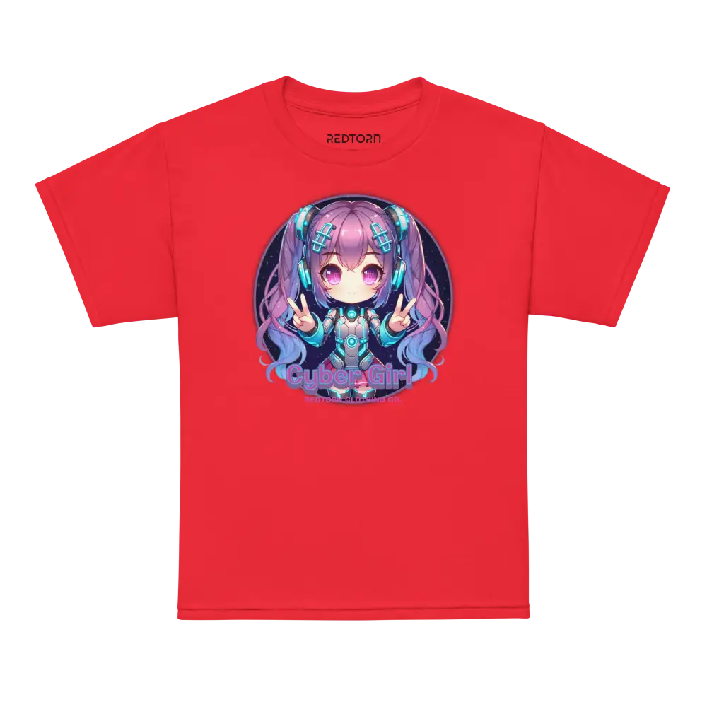 Cyber Girl Anime Graphic Tee for kids: red t-shirt with chibi design