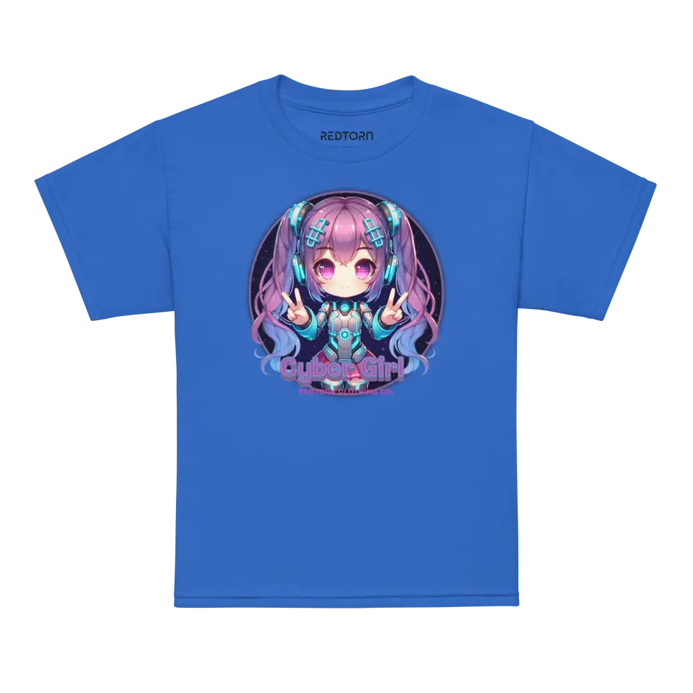 Cyber Girl Anime Kids Graphic Tee: blue t-shirt with chibi girl in teal pink hair