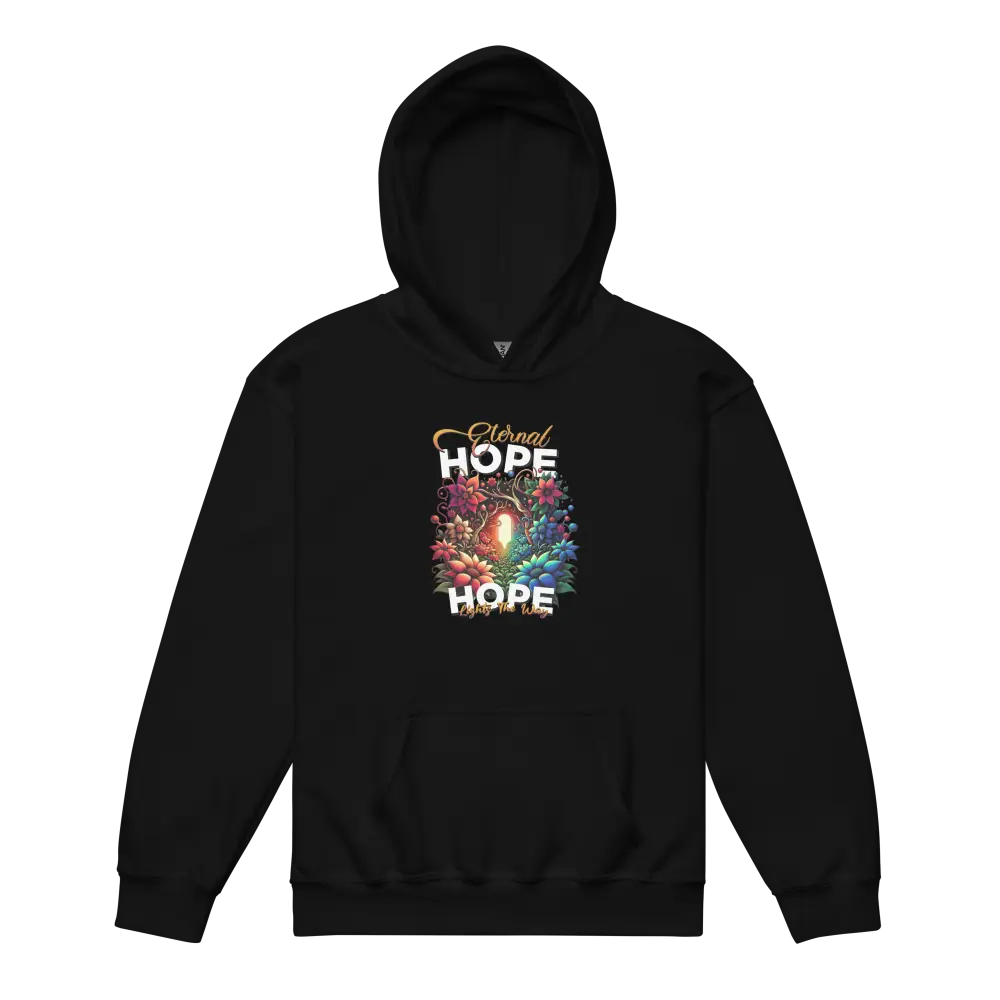 Eternal Hope Floral kids hoodie with black base, fireworks, and hope text