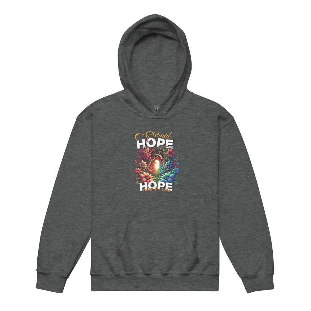 Eternal Hope Floral kids hoodie in charcoal gray with colorful design and hope text