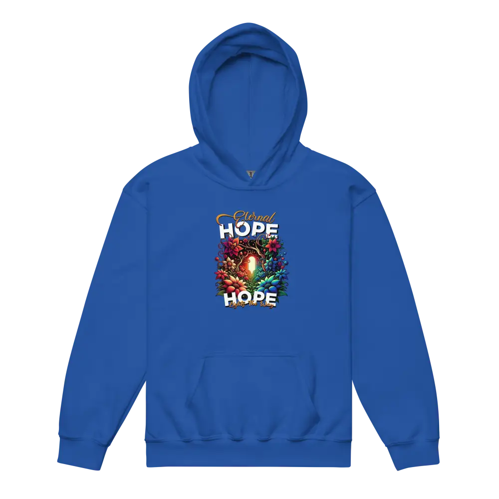 Eternal Hope Floral kids hoodie in royal blue with hope text and floral design