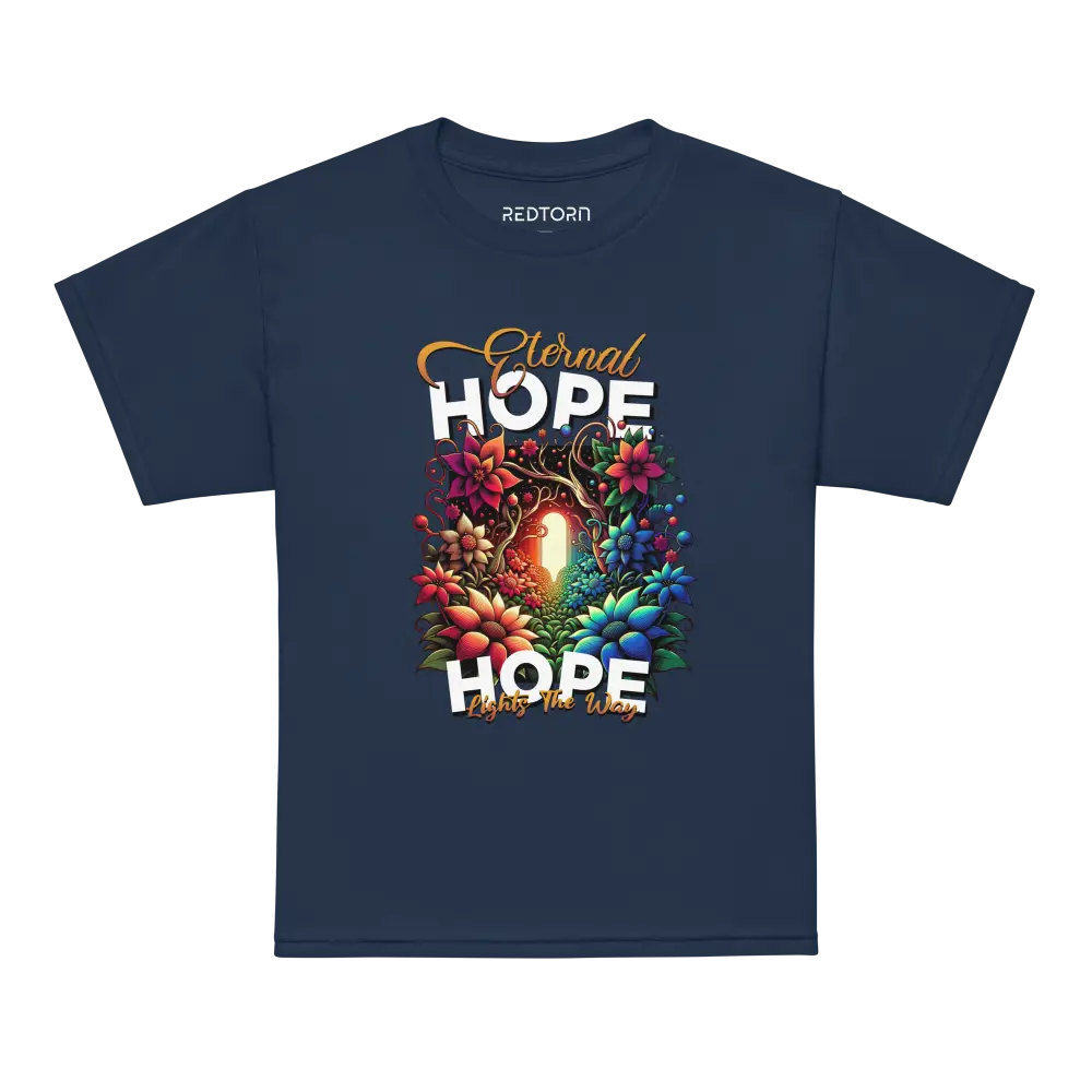 Eternal Hope Floral Kids T-Shirt in navy blue with colorful design