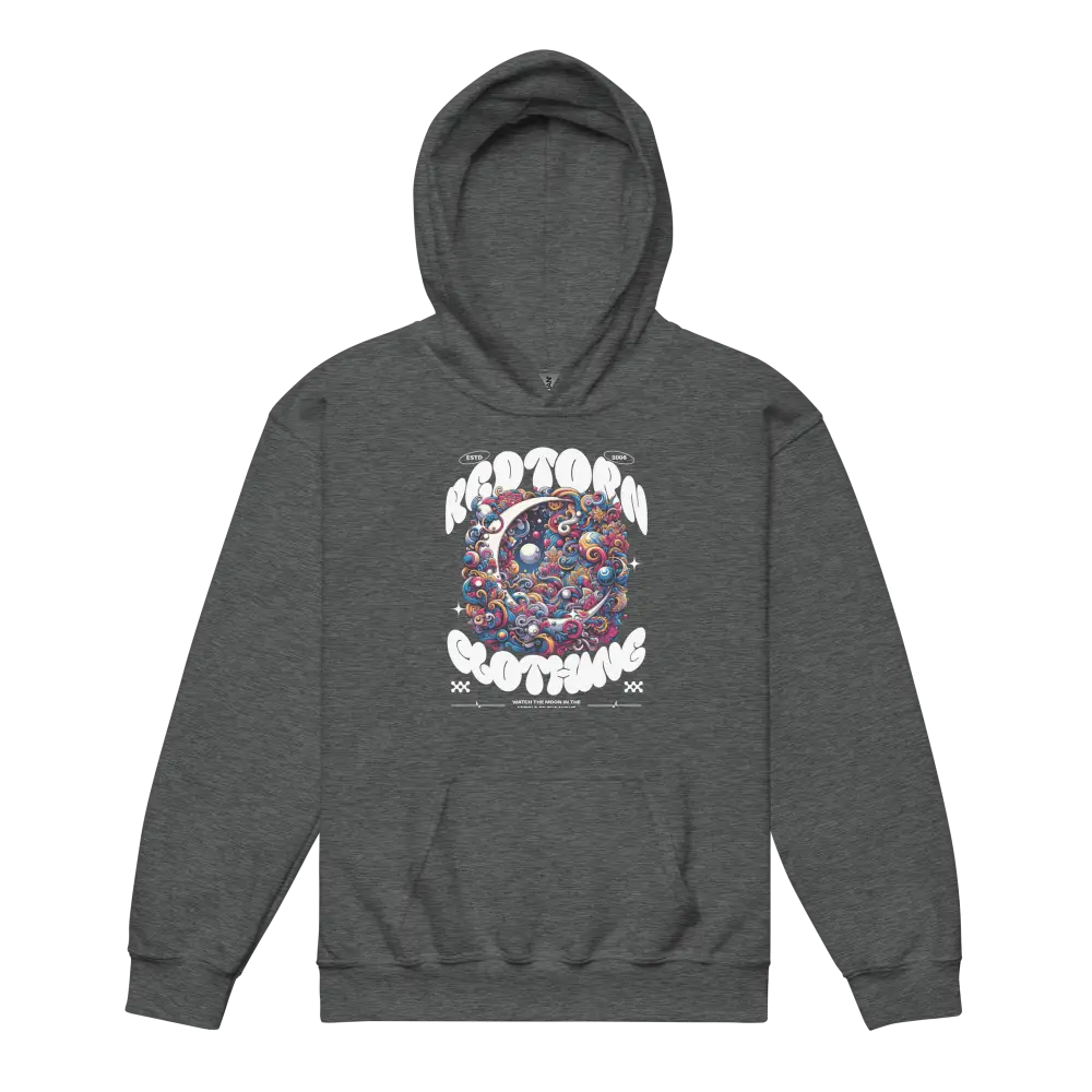 Kids unisex hoodie in charcoal gray with colorful space design of planets and stars