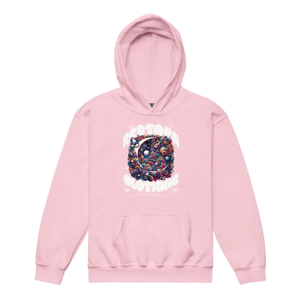 Pink kids unisex hoodie with colorful space galaxy design