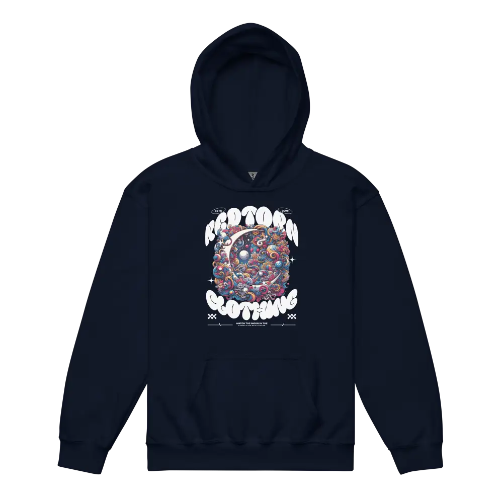 Navy blue kids unisex hoodie with colorful space design