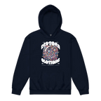 Navy blue kids unisex hoodie with colorful space design