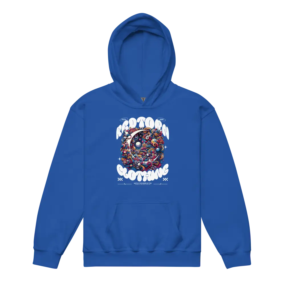 Colorful space design on royal blue kids unisex hoodie