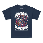 Kids cotton t-shirt with navy blue base, colorful space design, and reptorn text