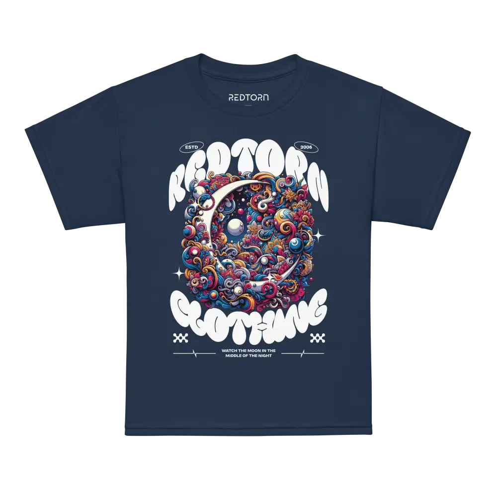 Kids cotton t-shirt with navy blue base, colorful space design, and reptorn text
