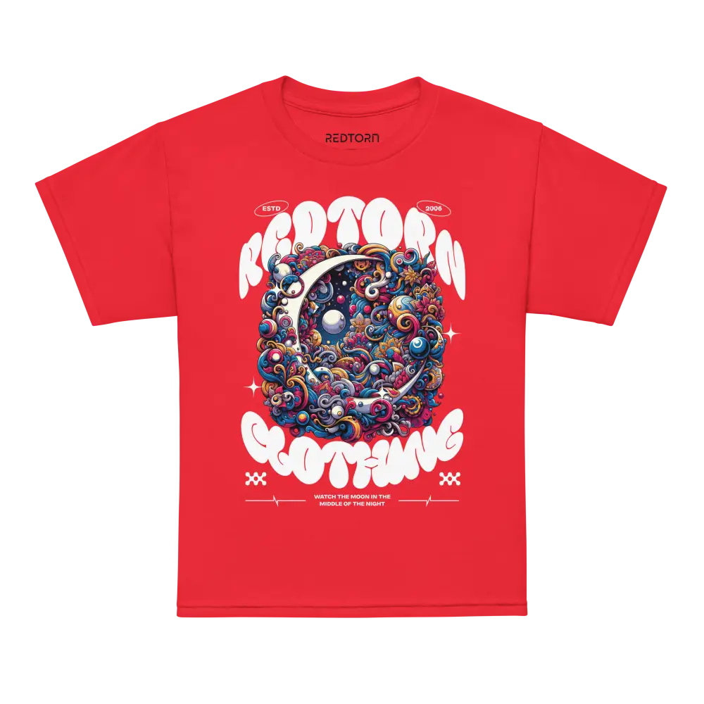 Kids cotton t-shirt in red with colorful space design of crescent moon