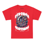 Kids cotton t-shirt in red with colorful space design of crescent moon