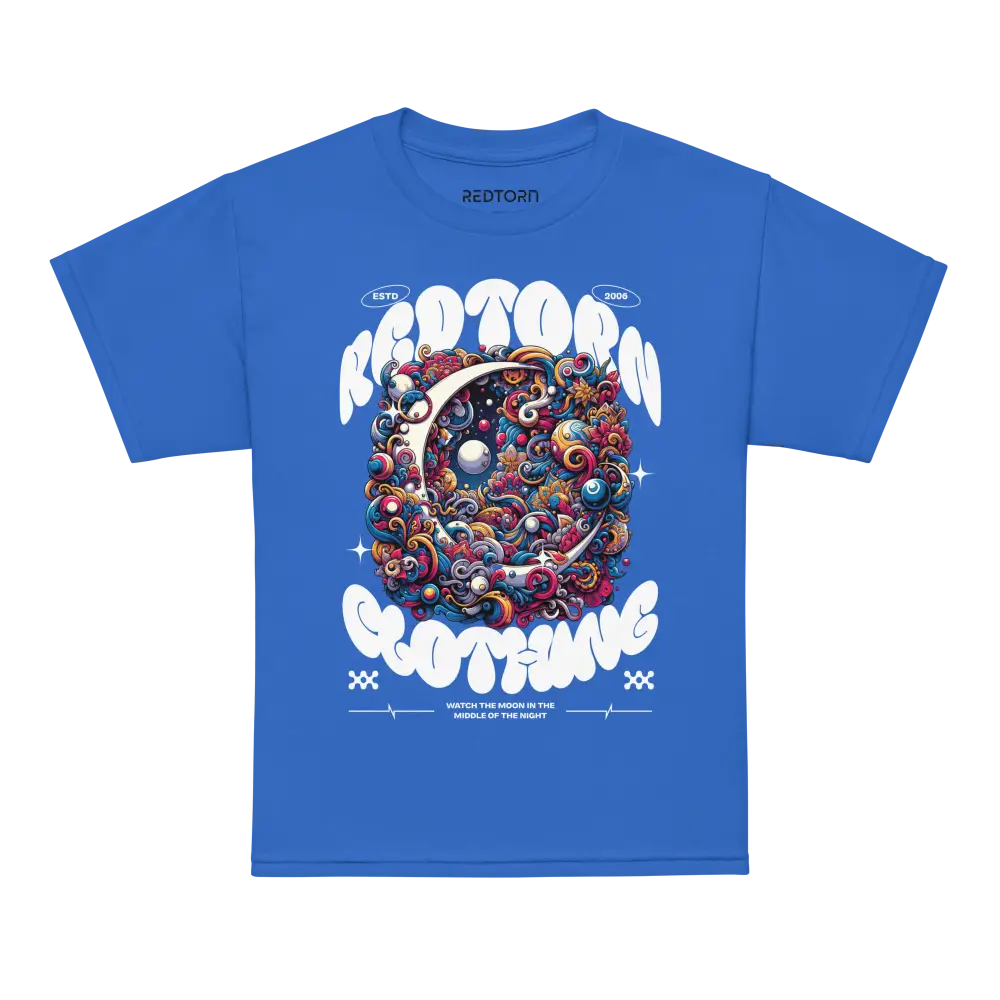 Kids cotton t-shirt in royal blue with colorful space design of planets and stars
