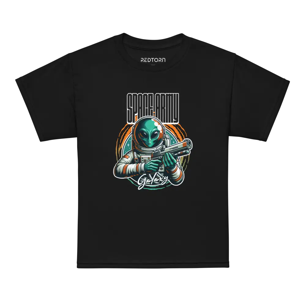 Alien astronaut kids galaxy graphic tee in black with green and orange accents