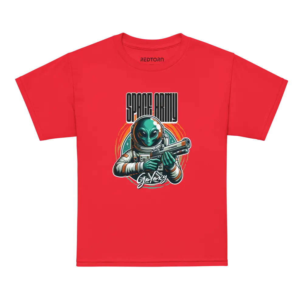 Alien Astronaut Kids T-Shirt with Red Galaxy Graphic Tee Design