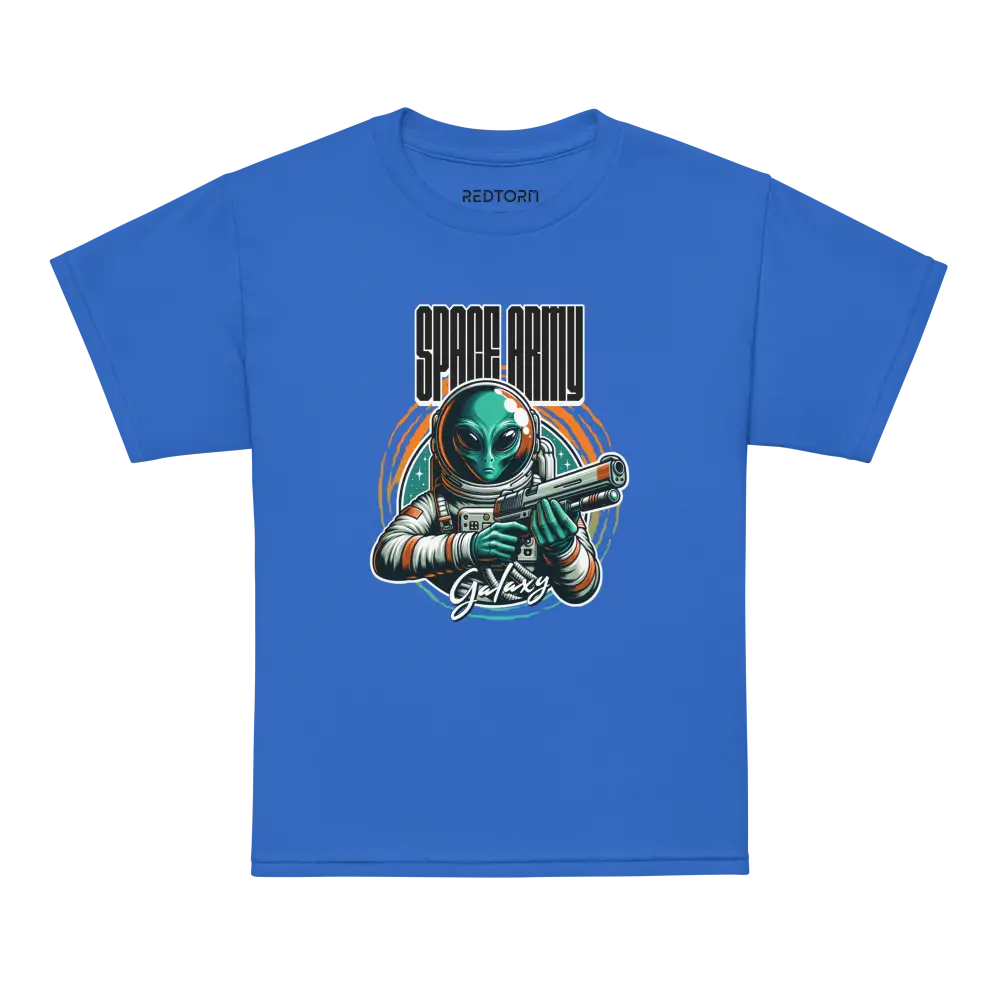 Alien astronaut kids t-shirt with galaxy graphic tee in royal blue cotton