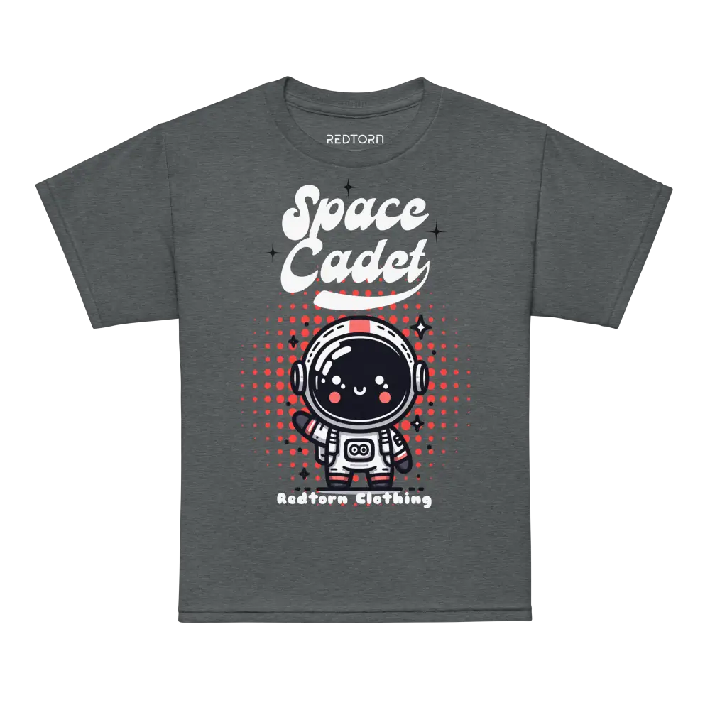 Charcoal gray Space Cadet kids graphic tee with cute astronaut and red polka dots