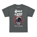 Charcoal gray Space Cadet kids graphic tee with cute astronaut and red polka dots