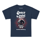 Navy blue Space Cadet kids graphic tee with cute astronaut and red polka dots
