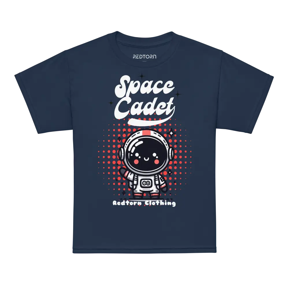 Navy blue Space Cadet kids graphic tee with cute astronaut and red polka dots