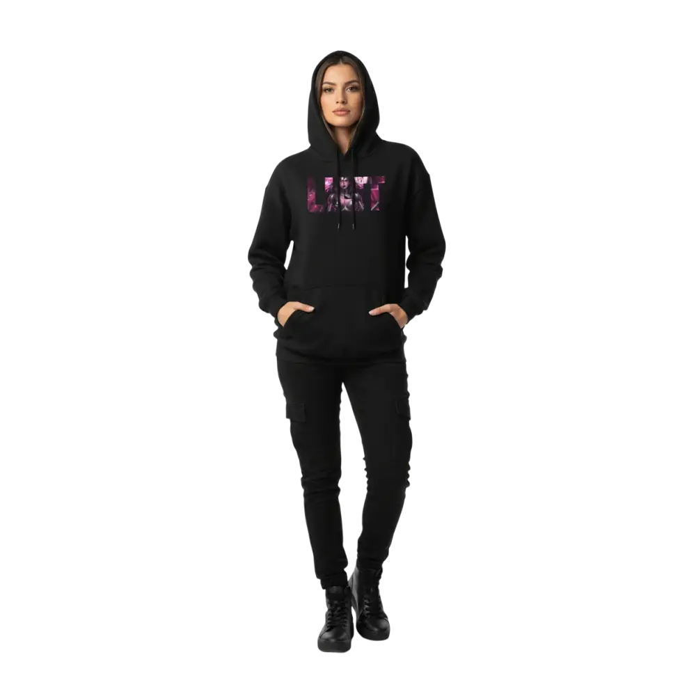 Lust hoodie from Deadly Sins Collection with vibrant purple-pink lart graphic