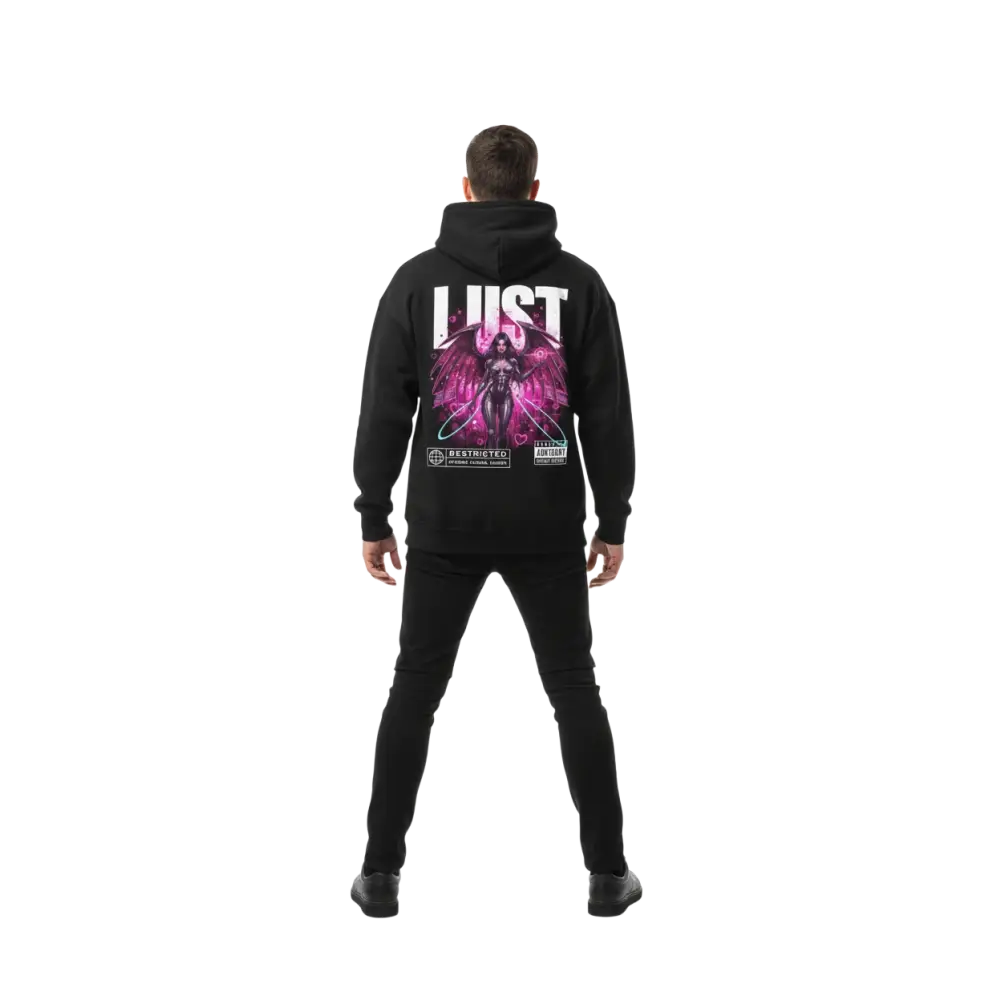 Lust hoodie from Deadly Sins Collection: black premium Australian streetwear with pink purple winged figure and lust text