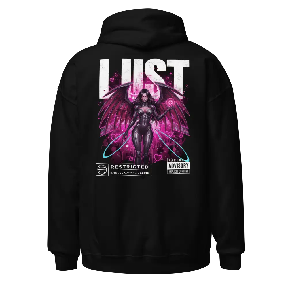 Lust Hoodie from Deadly Sins Collection: black premium Australian streetwear with winged figure and lust text