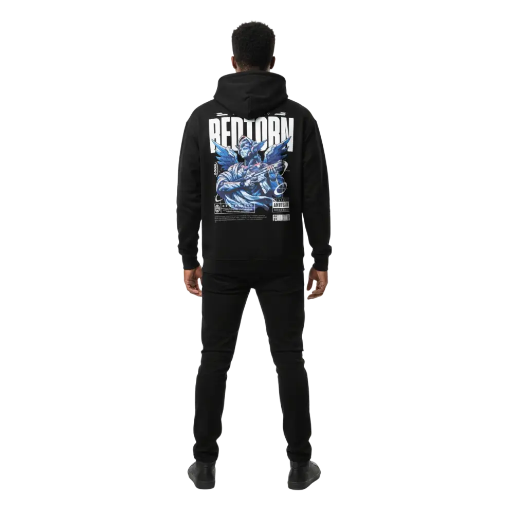 Military Angel premium unisex hoodie with aggressive graphic of armored angel and Reborn text