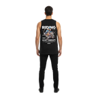 Black sleeveless monkey graphic tank top with biker riding therapy print