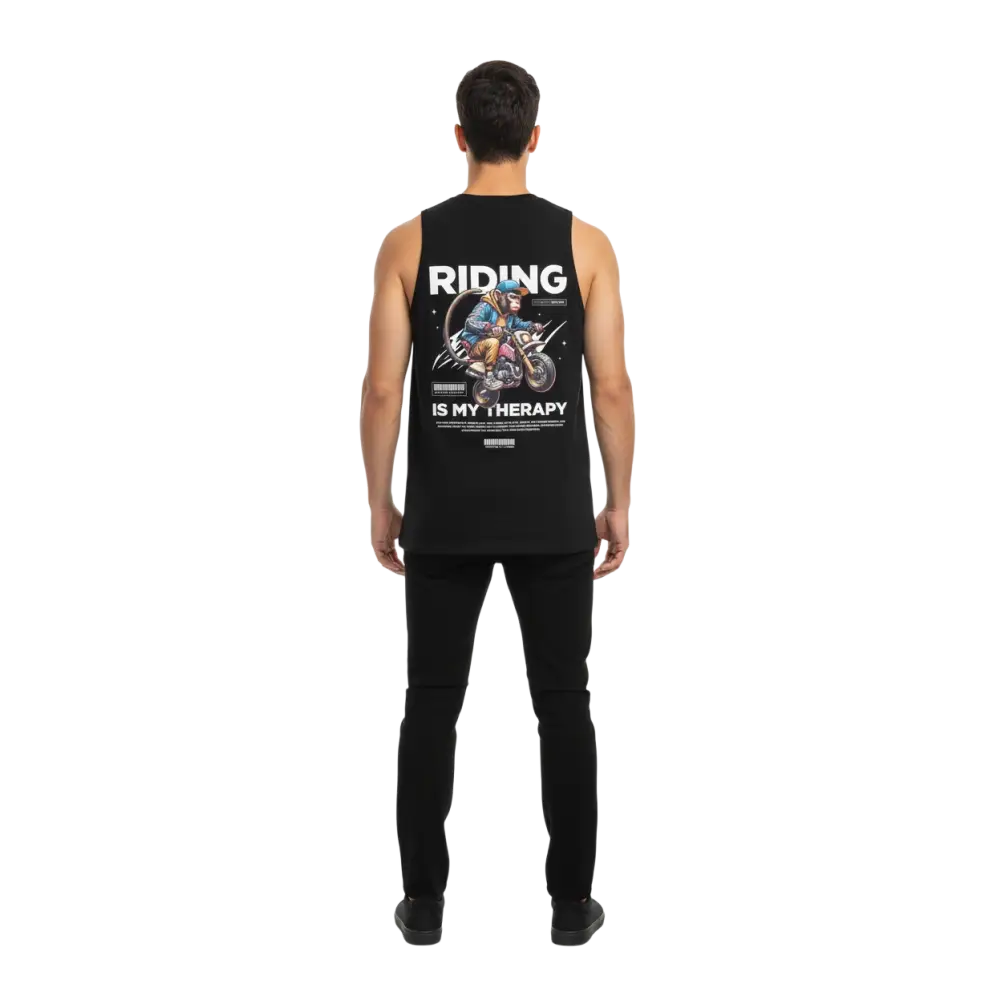 Black sleeveless monkey graphic tank top with biker riding therapy print