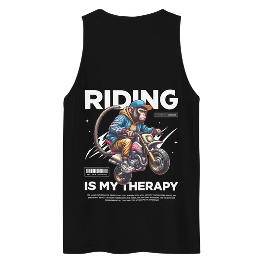 Redtorn biker tee: black men’s tank with colorful biker graphic and Riding is My Therapy text