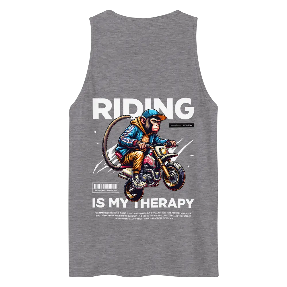 Gray monkey biker graphic on therapy tank top with barcode