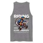 Gray monkey biker graphic on therapy tank top with barcode