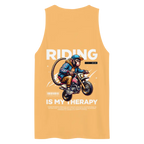 Monkey biker therapy tank top with yellow apron and motorcycle design