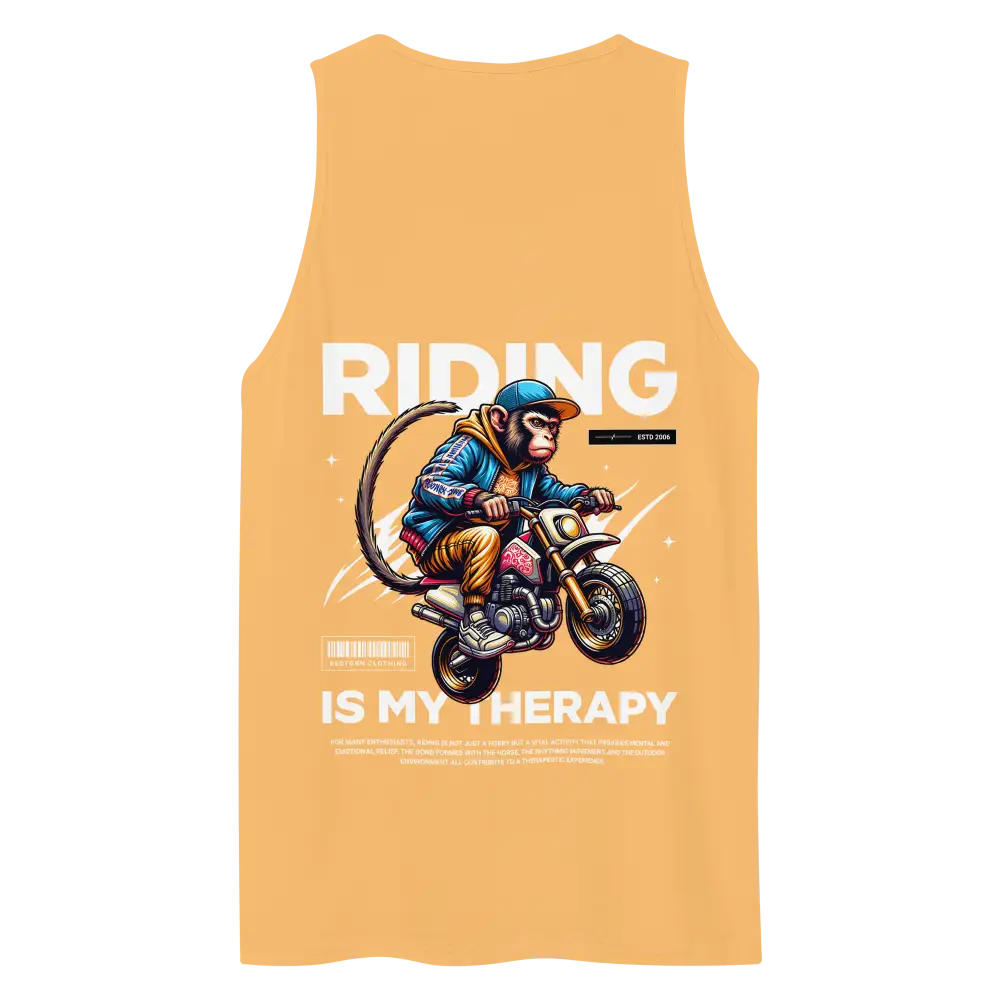 Yellow monkey biker tee tank top with riding is my therapy design from Redtorn Clothing