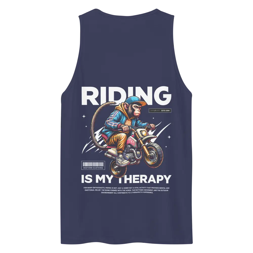 Navy blue biker tee tank top with rider graphic and Riding Is My Therapy text from Redtorn Clothing