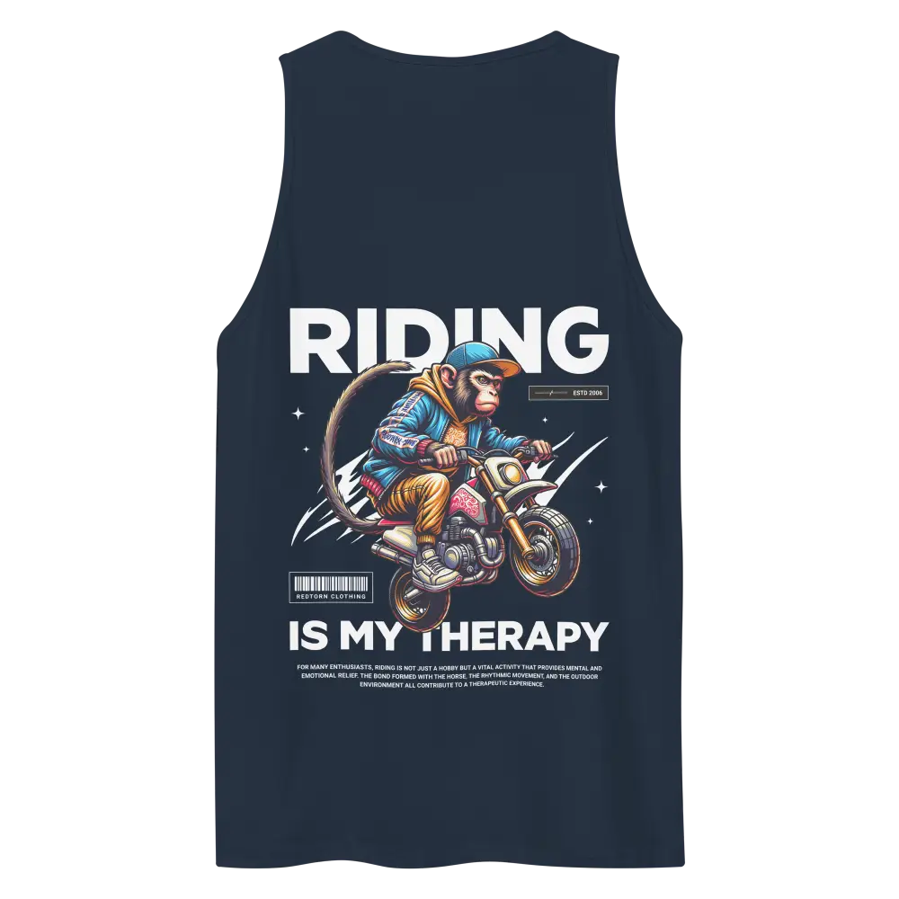 Navy blue monkey graphic tank top with biker riding therapy text
