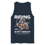 Navy blue monkey graphic tank top with biker riding therapy text